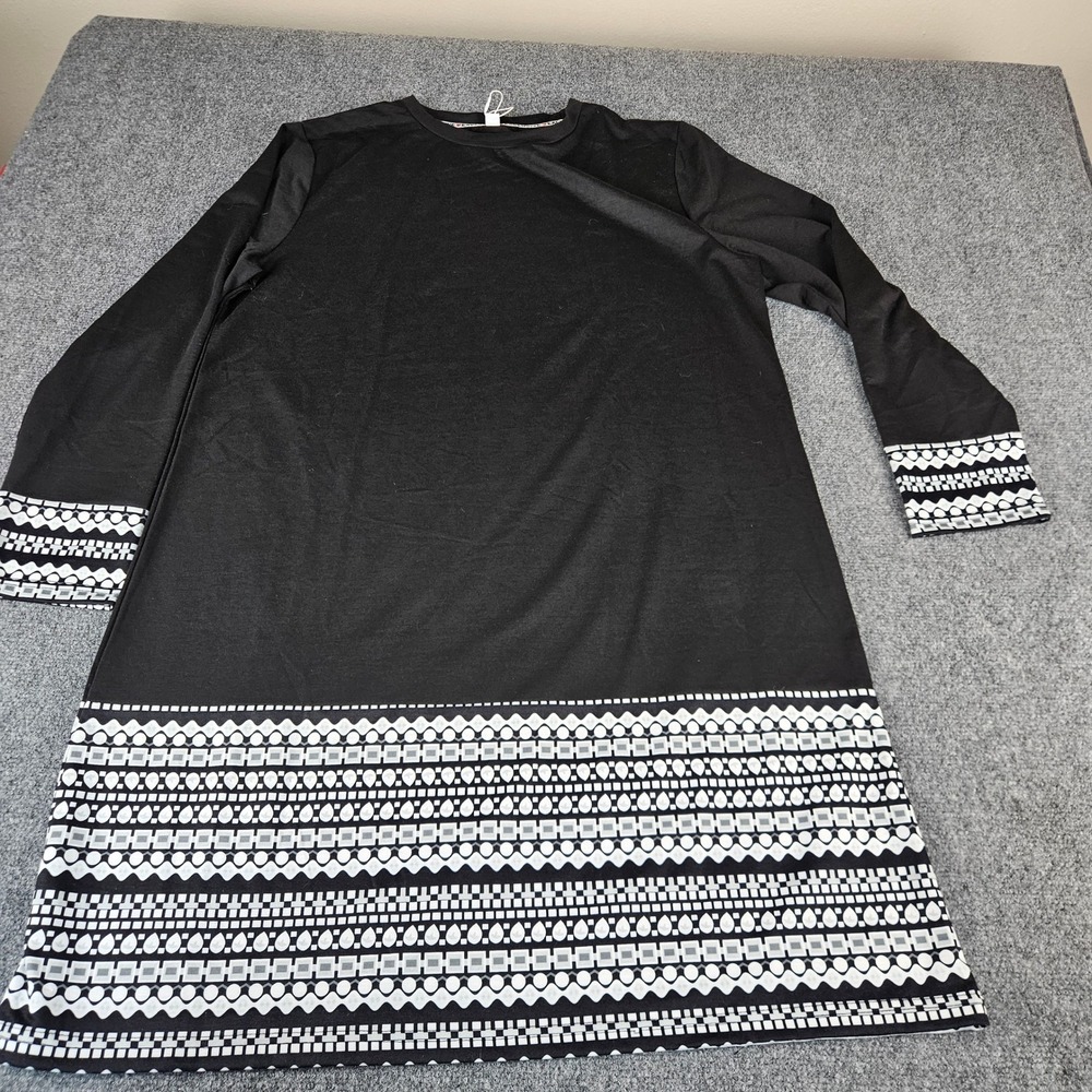 Exclusive‎ Black White Geometric Border Print Long Sleeve Shift Dress XXL NWT